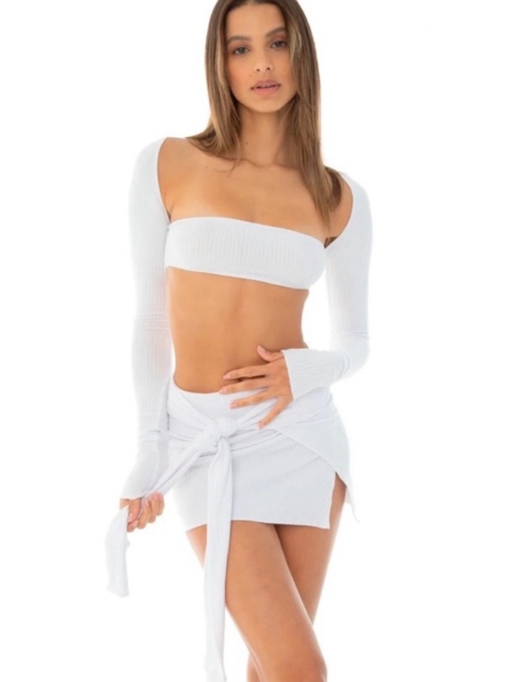 Are You Am I Seea Ribbed White Long Sleeve Crop Top & Wrap Mini Skirt Set